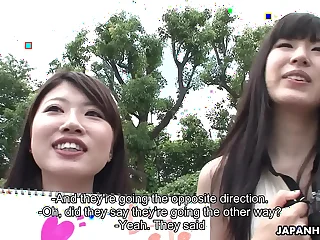 Two adorable Asian teen hitchhikers suck blarney in the car